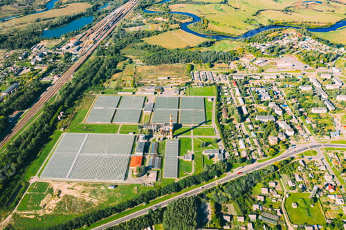 Preview: Aerial View Greenhouses For Growing Flowers, Vegetables And Fruits. Agricultural And Industrial