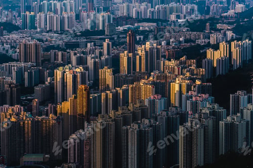Preview: Aerial shot of modern buildings of an urban city with a beautiful sky