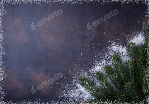 Preview: Fir tree branches with snowflakes.