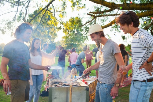 Preview: Happy adult friends barbecuing at sunset party in park