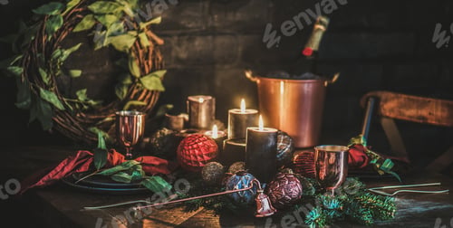 Preview: Christmas holiday festive table setting with champagne, wide composition