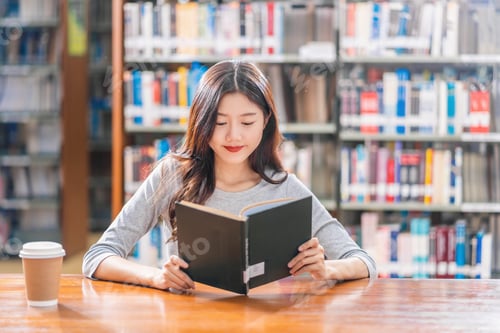 Preview: Asian young Student in casual suit reading the book with a cup of coffee in library of university