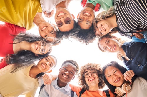Preview: Group of students are together, happy and smiling. Looking at camera.