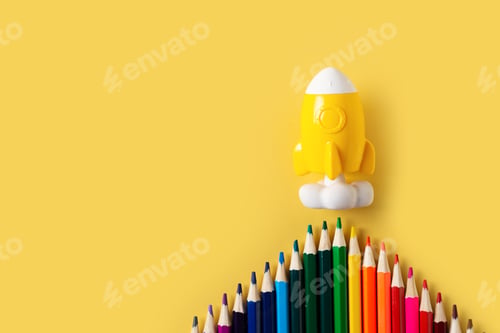 Preview: Back to school theme with colorful pencils and rocket on yellow background