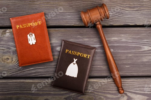 Preview: Wooden gavel and passports on the desk.