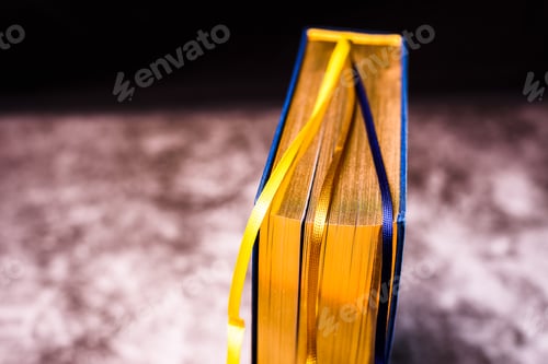 Preview: Golden spine of a blue book about wealth, unfocused background.
