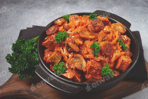 Preview: Bigos, bigus is a national Polish dish, made of cabbage and meat, stewed, homemade, no people,