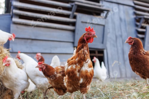 Preview: Brown hen pecking at feed in sunny farm yard, free range chickens on eco farm