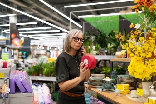 Preview: Woman shopping in a modern store, evaluating home decor items during a bright afternoon