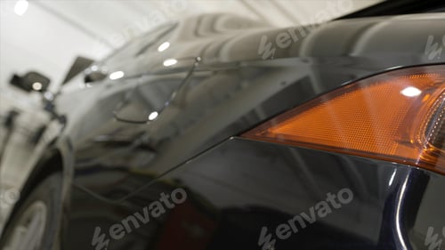 Preview: Rear view of a black new car at the dealership, luxury concept. Art. Close up for red taillight and