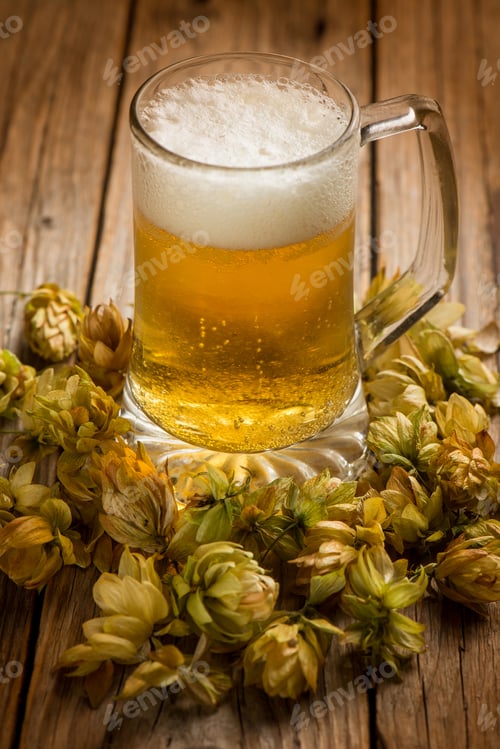 Preview: Home made beer with hop cone over wood background