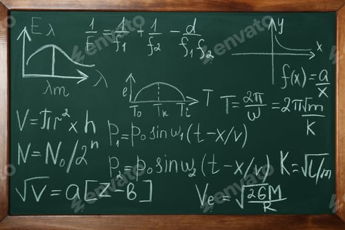 Preview: Many different math formulas written on chalkboard, closeup