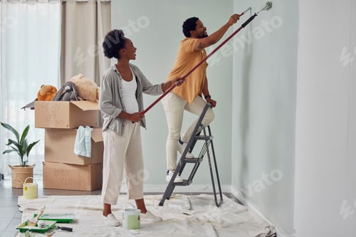 Preview: Painting, teamwork or black couple home renovation, diy or house remodel together with paintbrush o