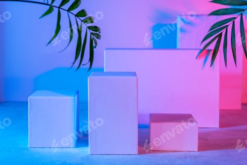 Preview: Geometric Shapes with Palm Leaf in Blue and Pink Light