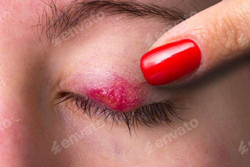 Preview: Chalazion reddened on the eyelid of a female eye
