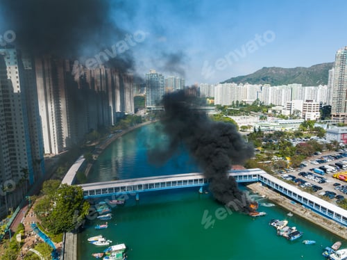 Preview: Tuen Mun, Hong Kong 05 February 2022: Top view of fire accident of the boat