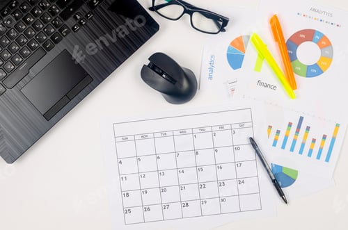 Preview: Working set for statistics. Charts and graph with financial data, laptop, glasses.