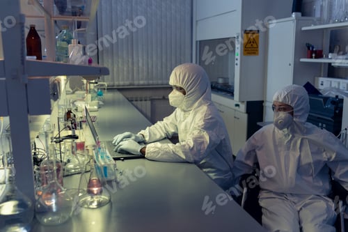 Preview: Female scientist in wheelchair looking at laptop display by her colleague