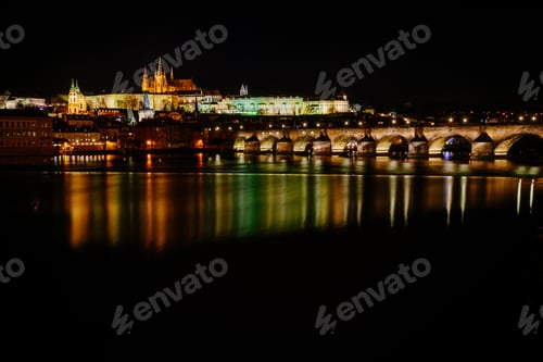 Preview: The view from the river Vltava at Charles Bridge and Prague Castle at night