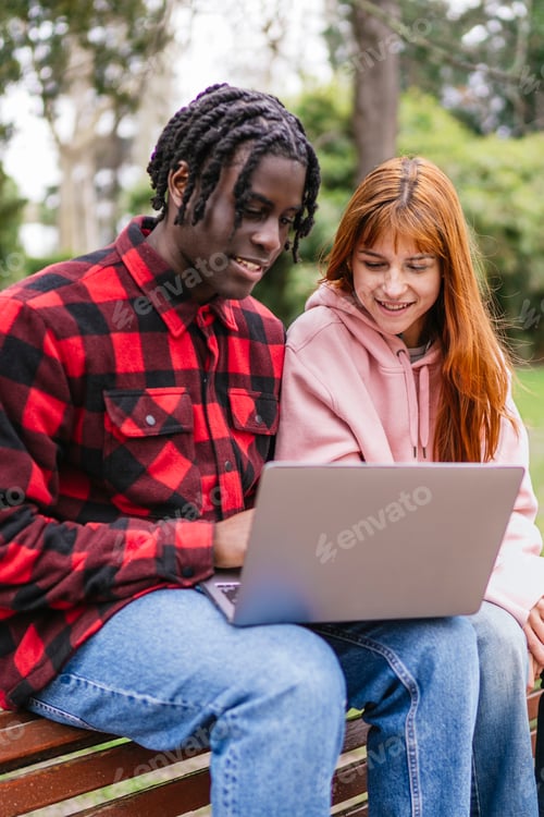 Preview: Young multiracial couple using laptop in park
