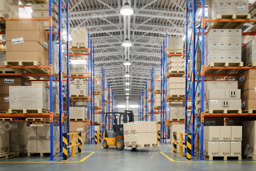 Preview: Forklift truck in warehouse or storage and shelves with cardboar