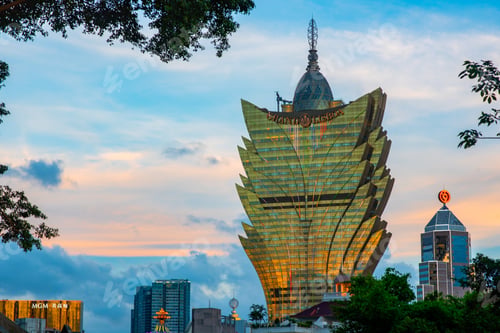 Preview: Macau city modern building landscape or cityscape at night, Casino of Asia travel landmark