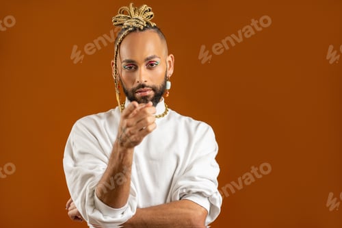 Preview: African american gay with bright make up making assured choice