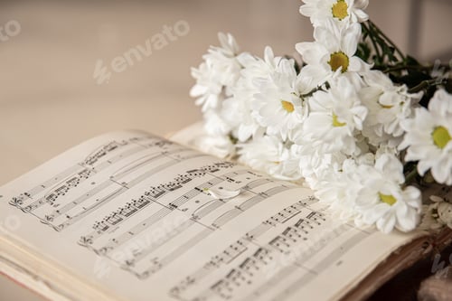 Preview: Close-up of musical notes and a bouquet of flowers.