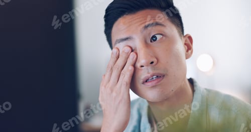 Preview: Asian businessman, tired and hand on face in communication office, headache and marketing company.