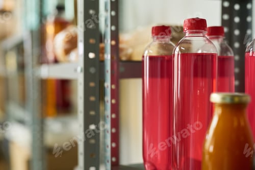Preview: Plastic Bottles with Red Liquid Standing on Metal Shelf in Storage Room
