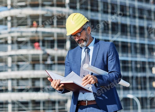 Preview: senior businessman architect helmet construction site building architecture writing