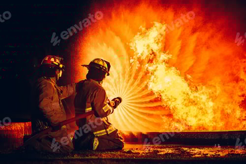 Preview: Fearless Firefighters Battling Blaze with Water and Extinguishers.