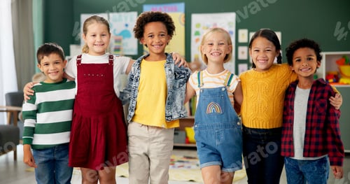 Preview: Children, diversity and kindergarten standing in class, bonding and education support with friends