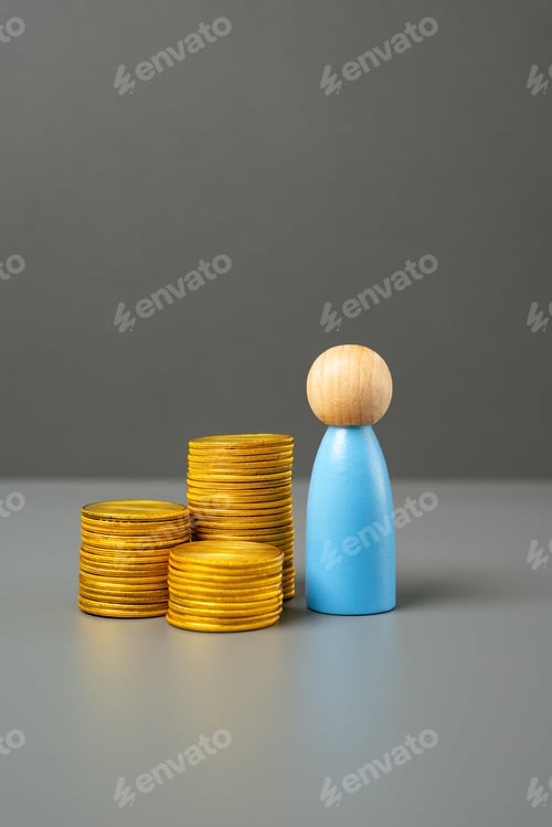 Preview: A figurine of a man and a stack of coins.