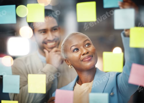 Preview: Writing, planning and business people with schedule, teamwork or agenda, sticky note or innovation.
