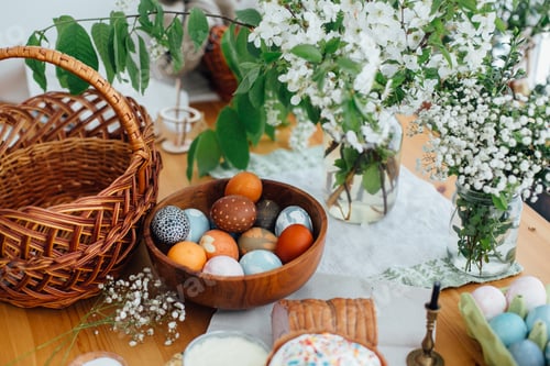 Preview: Easter modern eggs, easter bread, ham, beets, butter, green branches and flowers