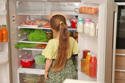 Preview: Cute little girl choosing food in refrigerator at home