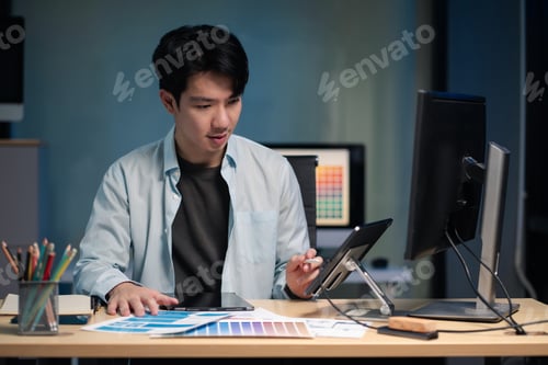 Preview: Male coder or developer working overtime using a computer display in problem solving at workplace.