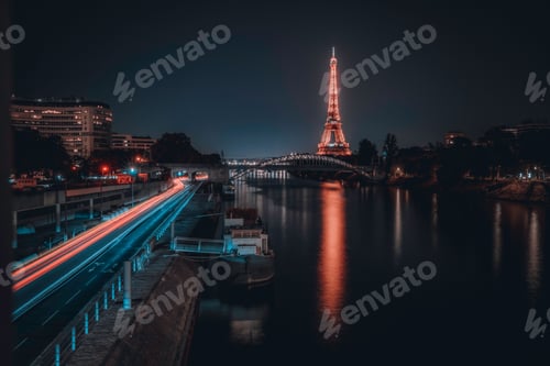 Preview: Of the iconic Eiffel Tower in a tranquil body of water at night time