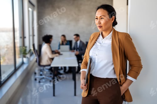 Preview: A confident businesswoman leads in corporate culture, business growth, and global finance