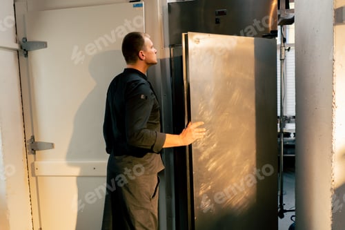 Preview: chef stands in kitchen in a black uniform and looks through what is on the list in the refrigerator