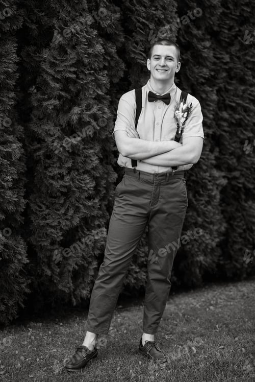 Preview: young guy the groom in the image in the style of boho