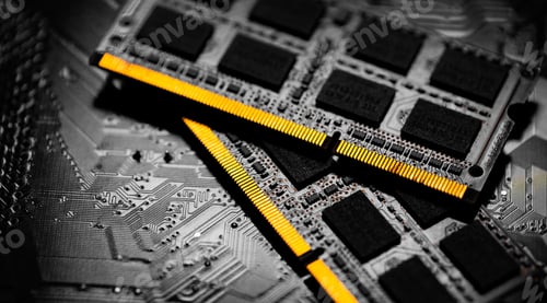 Preview: Macro Close up of computer RAM chip and motherboard\t
