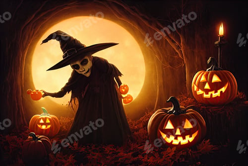 Preview: Wizard lights jack-o'-lanterns in the woods on Halloween.