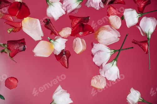 Preview: top view of rose petals scattered on pink water