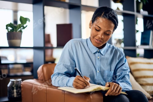 Preview: A smiling African woman writing some notes in her office, sitting on the sofa.