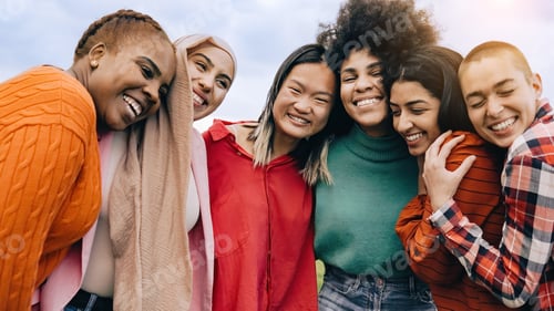 Preview: Multiethnic group of women having fun together outdoors during summer time - Youth culture lifestyle