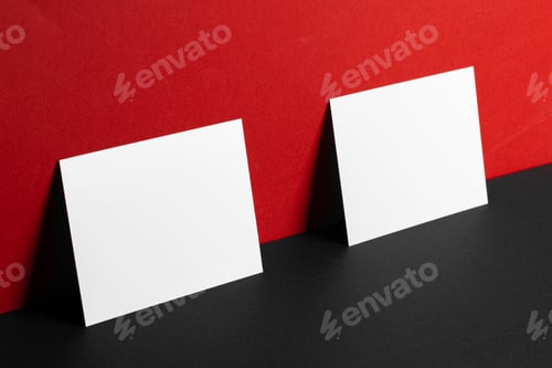 Preview: Blank white business cards on red and black paper background