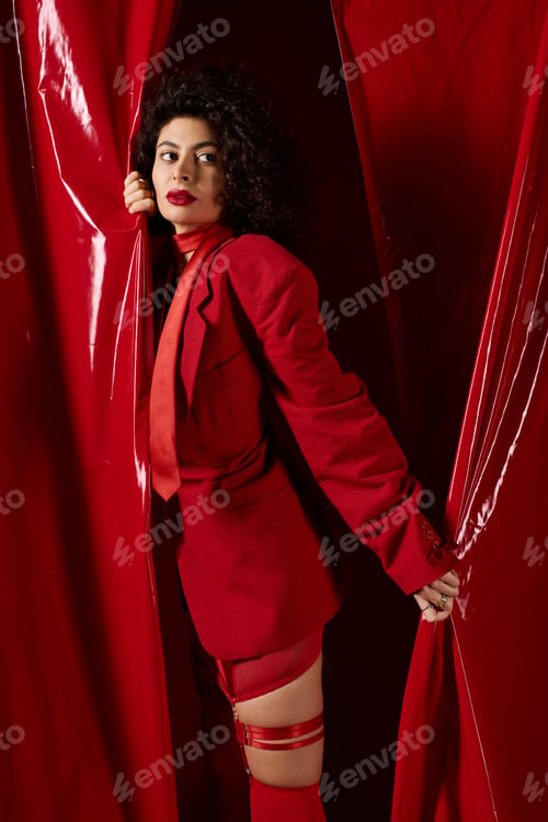 Preview: Stylish young woman celebrates love in vibrant red attire for Valentines Day