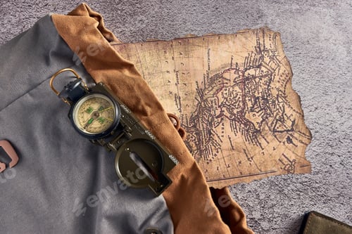 Preview: Top view closeup of a compass placed on a colorful fabric next to an ancient map